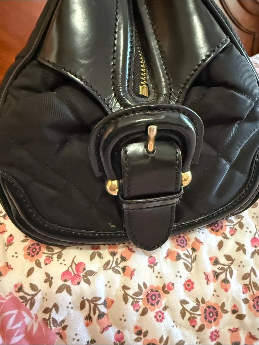 🐎 BURBERRY 🐎 BLACK QUILTED NYLON AND PATENT LEATHER MANOR SATCHEL AUTHENTIC